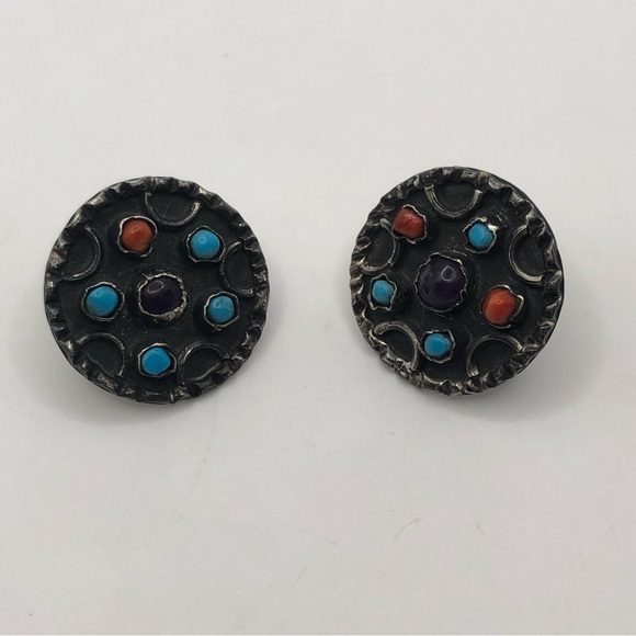 Vtg Taxco Sterling Amethyst Turquoise Coral Round Tribal Stud Earrings 1.1” - Picture 3 of 6